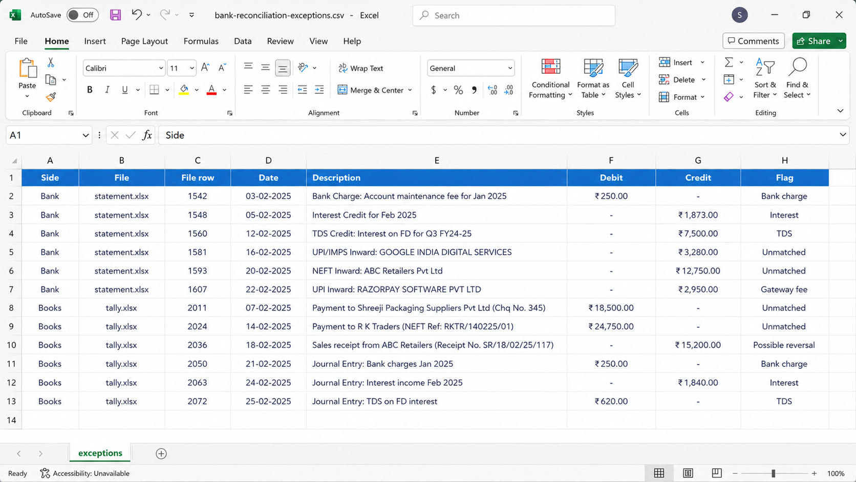 Download-ready exceptions CSV